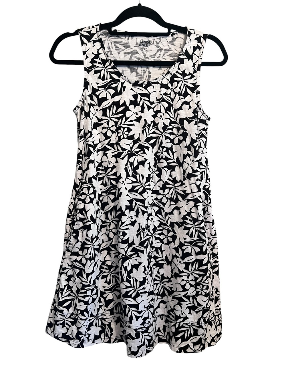 Lands’ End XS Black White Floral Tank Dress Cotton Jersey Knit Pockets casual